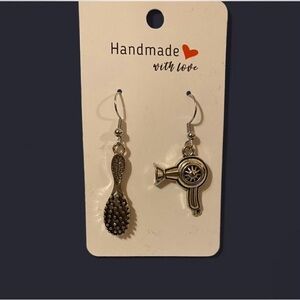 Handmade Silver Hairdryer & Brush Charm Earrings - Silver
